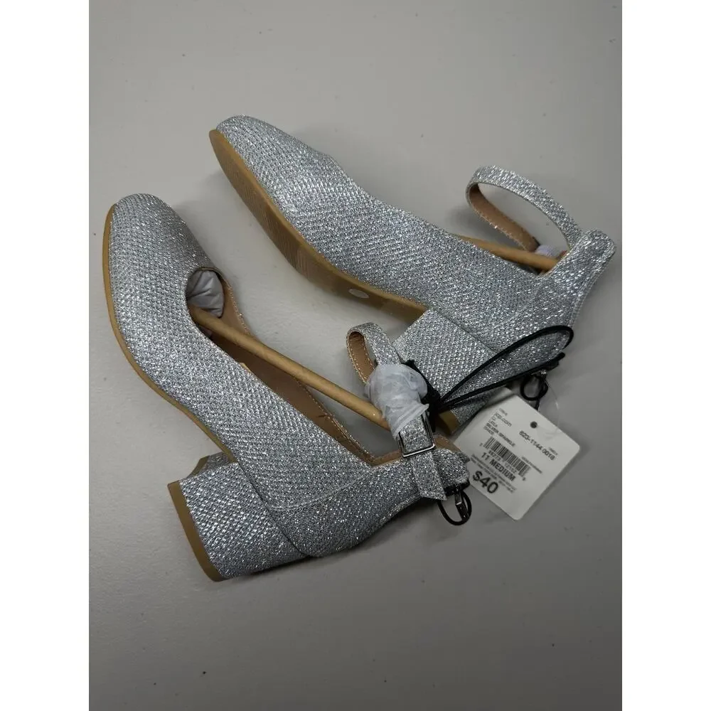 NEW! Christie & Jill Layla Silver Sparkle Girls Shoes Block Heel Pumps Size 11M